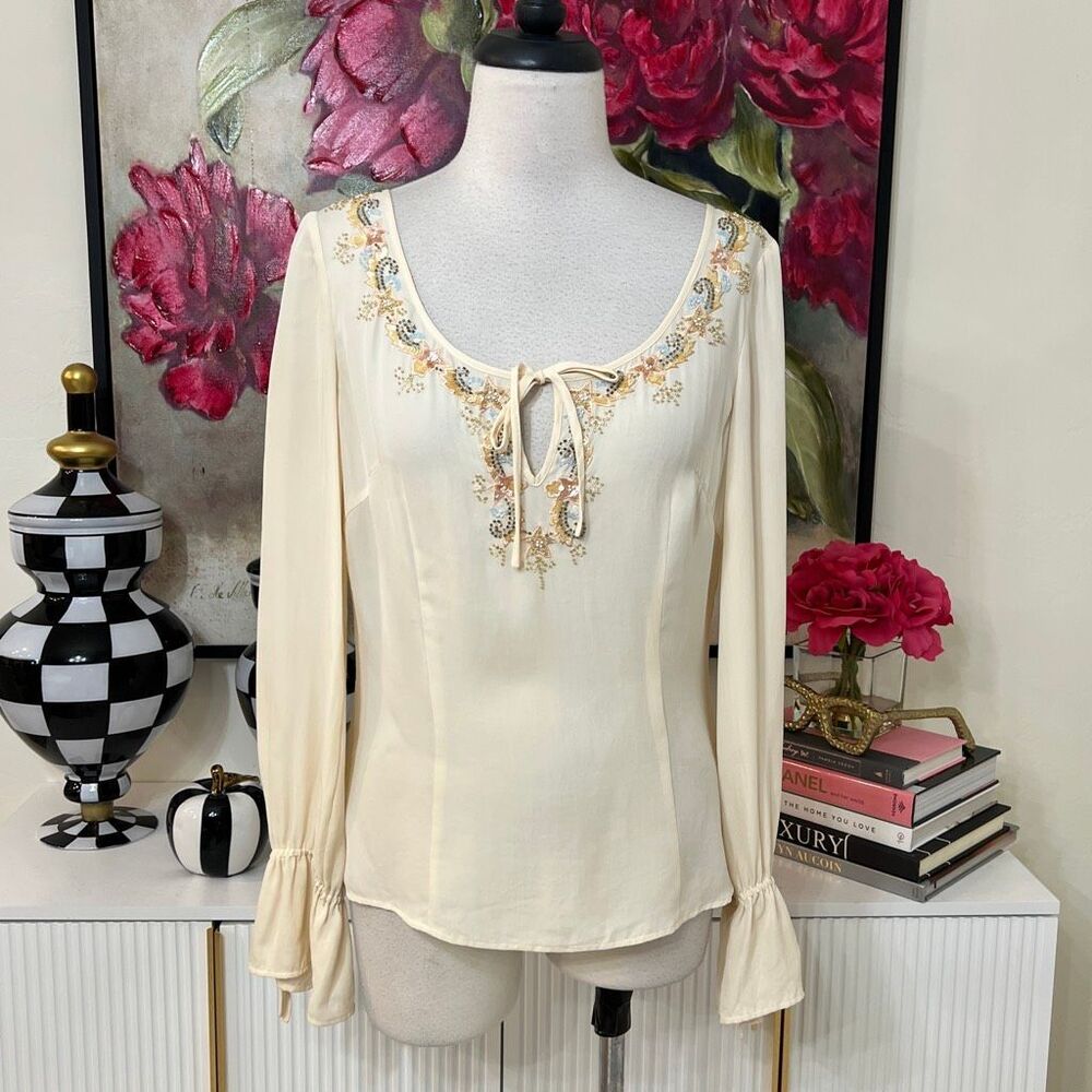 Escada Women's Sequin Beaded Embellished Flounced Sleeve Silk Top Cream Size 36
